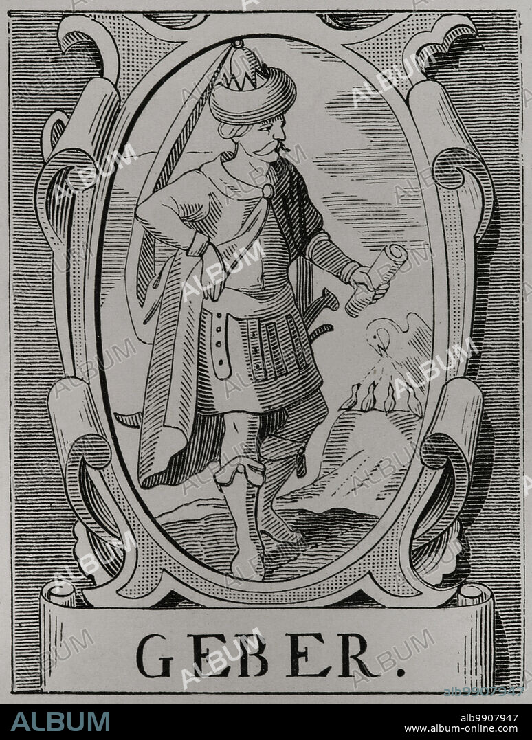 JEAN DE VRIES. 16TH-CENTURY ARTIST.. Jabir ibn Hayyan, conocido en Europa como Geber (721-815). Científico islámico dedicado a la alquimia, farmacia, medicina, matemáticas y astronomía. Retrato a partir de un grabado de Jean de Vries en el siglo XVI. Sciences & Lettres au Moyen Age et à l'époque de la Renaissance. París, 1877.