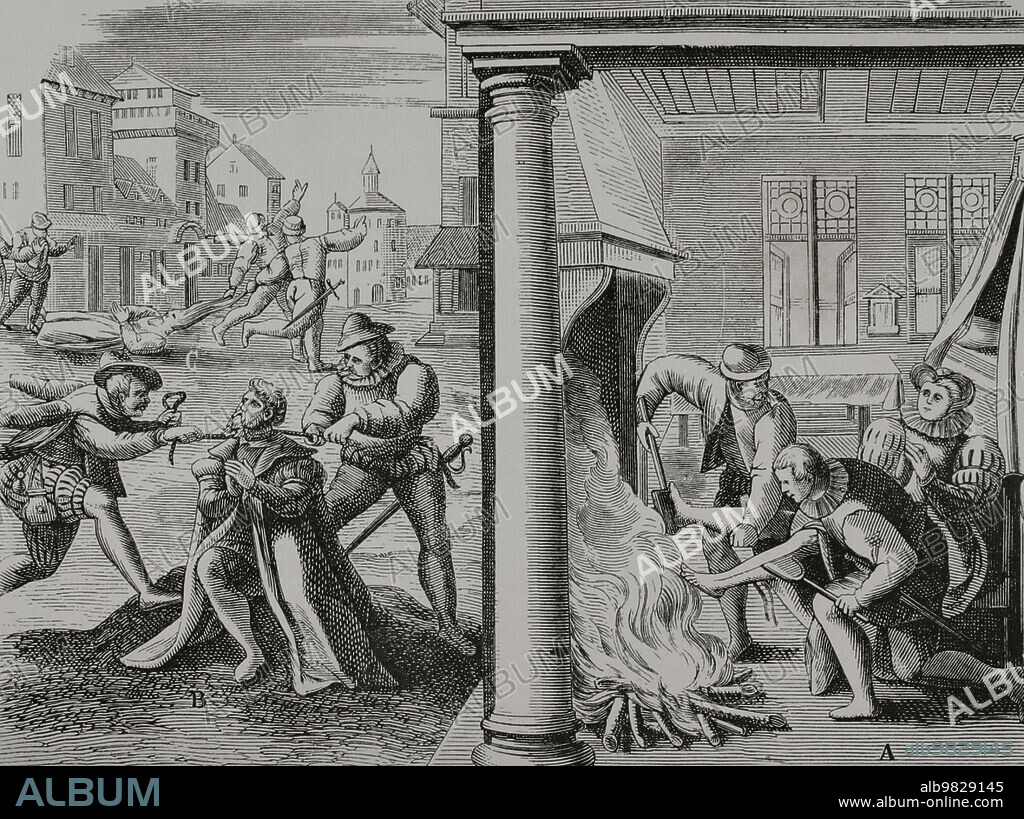 French Wars of Religion, 16th century. Violence by French Huguenots (French Calvinist Protestants) against Catholics. On the right: noblewoman from Montbrun (Charente, France) being tortured by soldiers whom she had generously welcomed. Left ( below): Jean Arnould, the king's prosecutor in Angoulême, is strangled after having been mutilated several times. On the left ( above): the widow of the public prosecutor of the town's criminal court is dragged by her hair through the streets. 19th century engraving after "Theatrum Crudelitatum Nostri Temporis", 1587. "Vie Militaire et Religieuse au Moyen et à l'Epoque de la Renaissance". Paris, 1877.