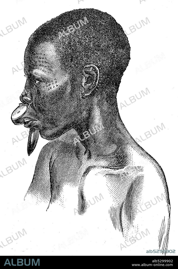 Woman from the Wengo people, Africa  /  Frau aus dem Volk der Wengo, Afrika, Reproduction of an original 19th century print / Reproduktion von einem Originaldruck aus dem 19. Jahrhundert.
