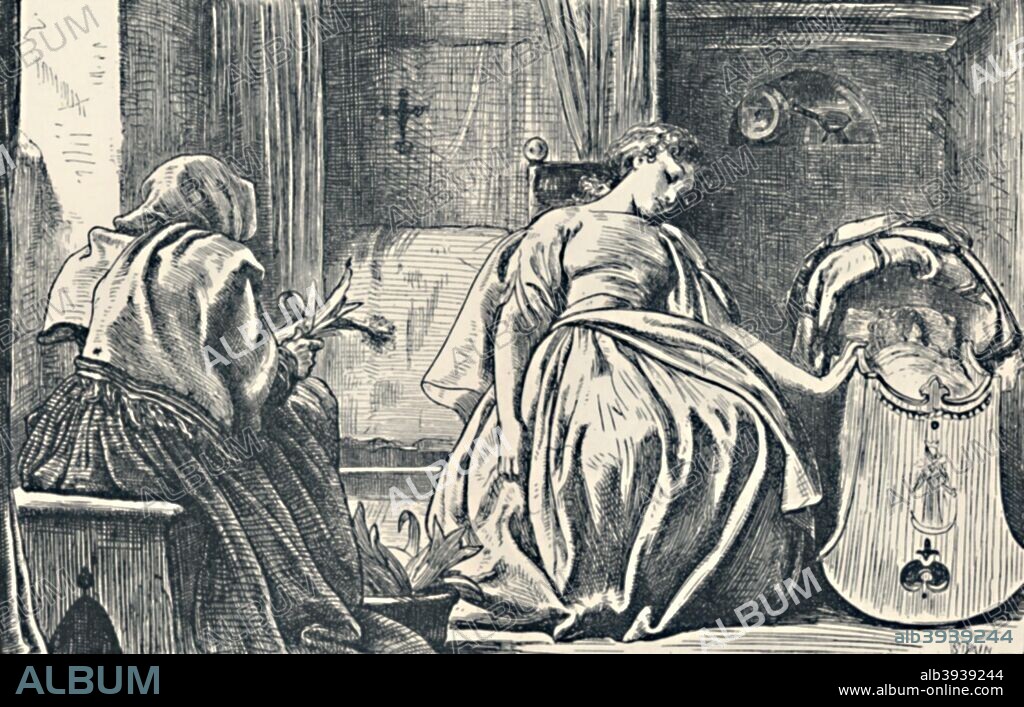Tessa at Home. From George Eliot's Romola', 1862-63, (1923). Romola (1862-63) is a historical novel by George Eliot set in the fifteenth century, and is a deep study of life in the city of Florence from an intellectual, artistic, religious, and social point of view. From British Book Illustration - Yesterday and To-day edited by Geoffrey Holme. [The Studio, Ltd., London, 1923].
