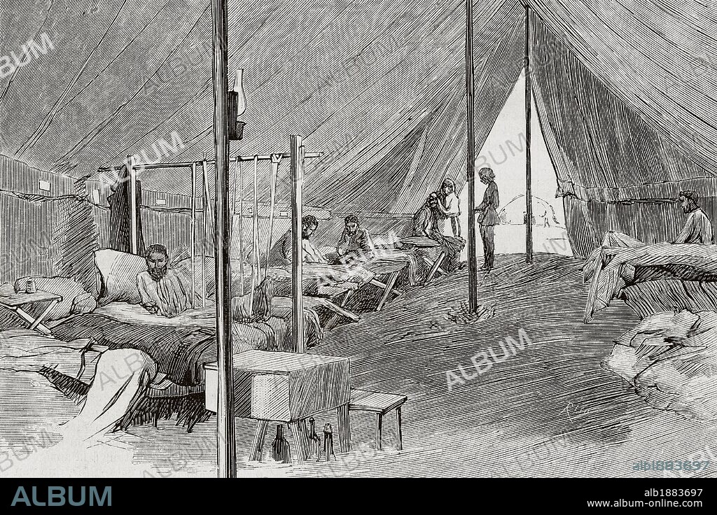 GUERRA RUSO-TURCA o GUERRA DE ORIENTE (1877-1878). Zimnitza. Interior de un hospital militar para heridos y enfermos rusos. Grabado de La Ilustración Española y Americana, 1877.