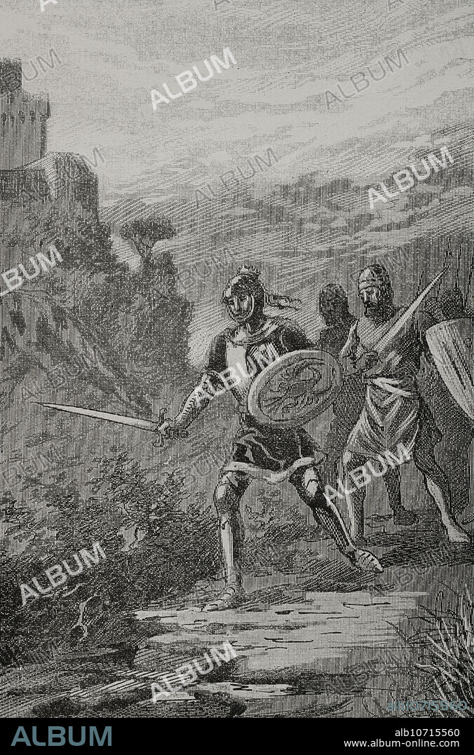 Jaime III de Mallorca (1315-1349), llamado "el Temerario". Rey de Mallorca (1324-1343). Jaime III en la batalla de Llucmajor, el 25 de octubre de 1349. En este combate fue derrotado por las tropas del rey Pedro IV de Aragón, además de morir en el transcurso de la contienda. El reino de Mallorca fue incorporado a la Corona de Aragón. Grabado. "Glorias Españolas". Tomo II. Publicada en Barcelona, 1890.