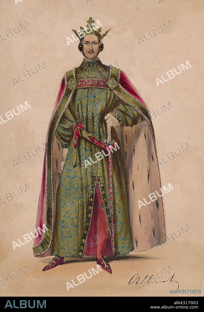 JOHN RICHARD COKE SMYTH. Prince Albert in costume as Plantagenet King Edward III for the Bal Costumé, May 12 1842, (1843). Albert (1819-1861) is dressed as Edward III (1312-1377) but is wearing the anachronistic jewelled Sword of Offering, made by Rundells for George IV's coronation in 1821. The costumes were designed under the supervision of James Robinson Planché and were specifically intended to give work to the declining Spitalfields silk industry. The royal couple's costumes were based on tomb effigies. The ball of 1842, held at Buckingham Palace in London, was the first of three costume balls held by Queen Victoria and Albert, Prince Consort. The second, on 6 June 1845, was in early Georgian dress, while the third, on 13 June 1851, was in the style of the Restoration. From "Souvenir of the Bal Costumé, given by H.M. Queen Victoria at Buckingham Palace, May 12, 1842 / drawings from the original dresses by Coke Smyth; letterpress by J.R. Planche", 1843. [Paul & Dominic Colnaghi & Co, London, 1843].