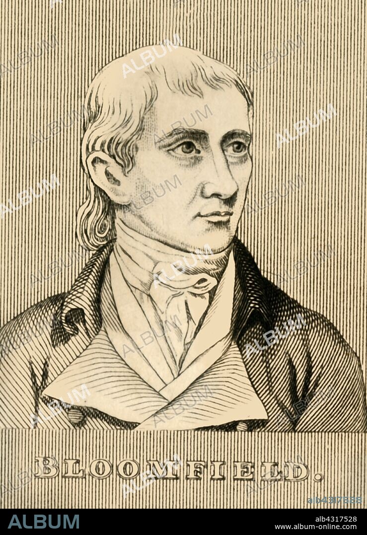 'Bloomfield', (1766-1823), 1830. Robert Bloomfield (1766-1823) English working class poet, shoemaker and bookseller. From "Biographical Illustrations", by Alfred Howard. [Thomas Tegg, R. Griffin and Co., J. Cumming, London, Glasgow and Dublin, 1830].
