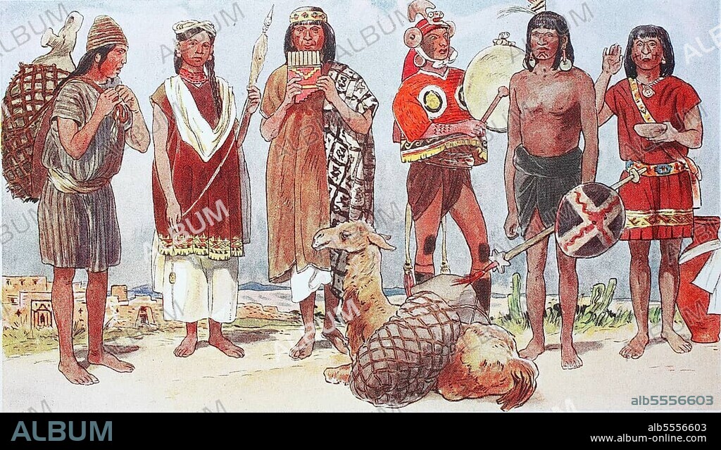 Kleidung, Mode in Südamerika, die Inka in Peru im 15. -16. Jahrhundert, von links, ein Lastenträger mit Rückenkorb, eine Frau mit Handspindel, ein Lamatreiber mit Flöte und Lama, ein Krieger mit Gong oder Tamburin, ein feindseliger Indianer primitiver Kultur und ein Opferpriester, digital restaurierte Reproduktion einer Originalvorlage aus dem 19. Jahrhundert.