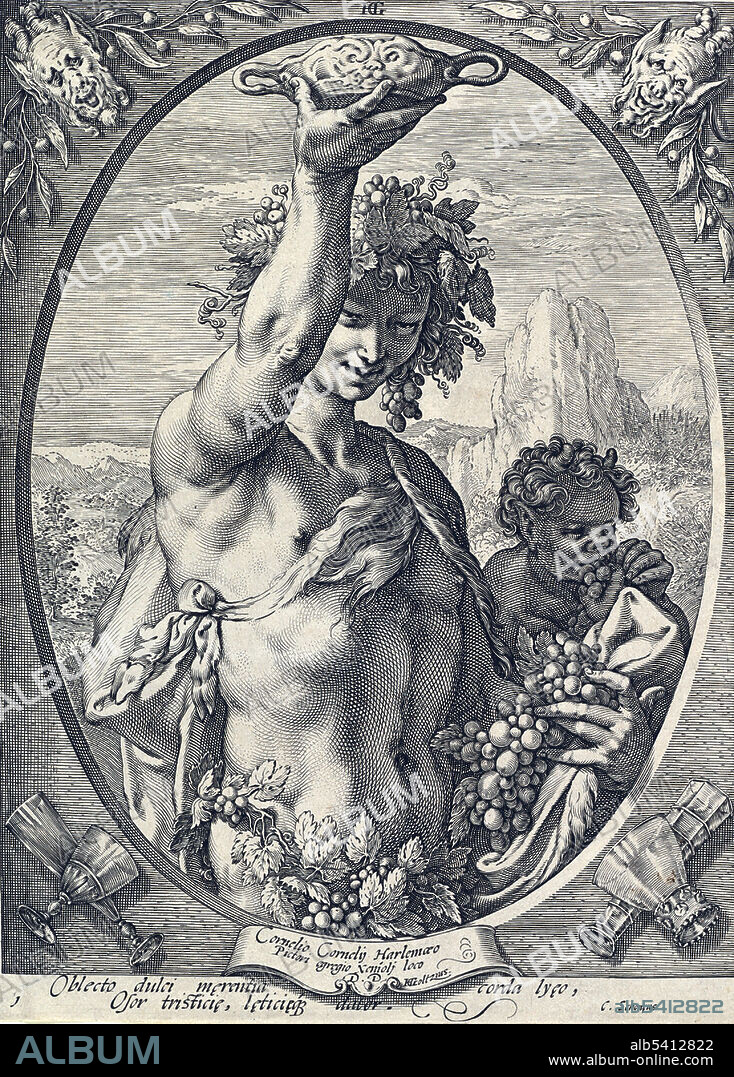 Dionysus was the god of the grape harvest, winemaking and wine, of ritual madness and ecstasy in Greek mythology. He is a major, popular figure of Greek mythology and religion, and is included in some lists of the twelve Olympians. Dionysus was the last god to be accepted into Mt. Olympus. He was the youngest and the only one to have a mortal mother. He was also known as Bacchus, the name adopted by the Romans and the frenzy he induces, bakkheia. He is also called Eleutherios (the liberator), whose wine, music and ecstatic dance frees his followers from self-conscious fear and care, and subverts the oppressive restraints of the powerful. Those who partake of his mysteries are possessed and empowered by the god himself. Engraving by Hendrick Goltzius, 16th century.