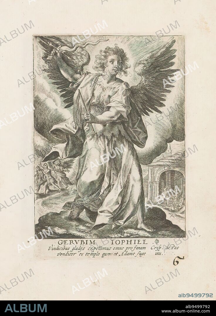 Archangel Jophiel, Gervbim Iophiel (title on object), Archangels and other angels (series title), Deus Pater ex quo Omnia Angeli (series title on object), Archangel Jophiel with scourge and flaming sword. On the left in the background, Jophylus chases Adam and Eve out of Paradise. On the right in the background, Christ is driving out the money changers from the temple. Part of a series of twelve depictions of archangels and other angels in this album. Part of an album of mainly Christian representations., print maker: Crispijn van de Passe (I), after own design by: Crispijn van de Passe (I), (mentioned on object), publisher: Gerard Valck, 1585 - 1637 and/or 1670 - 1726, paper, engraving, height 145 mm × width 100 mm, height 298 mm × width 182 mm.