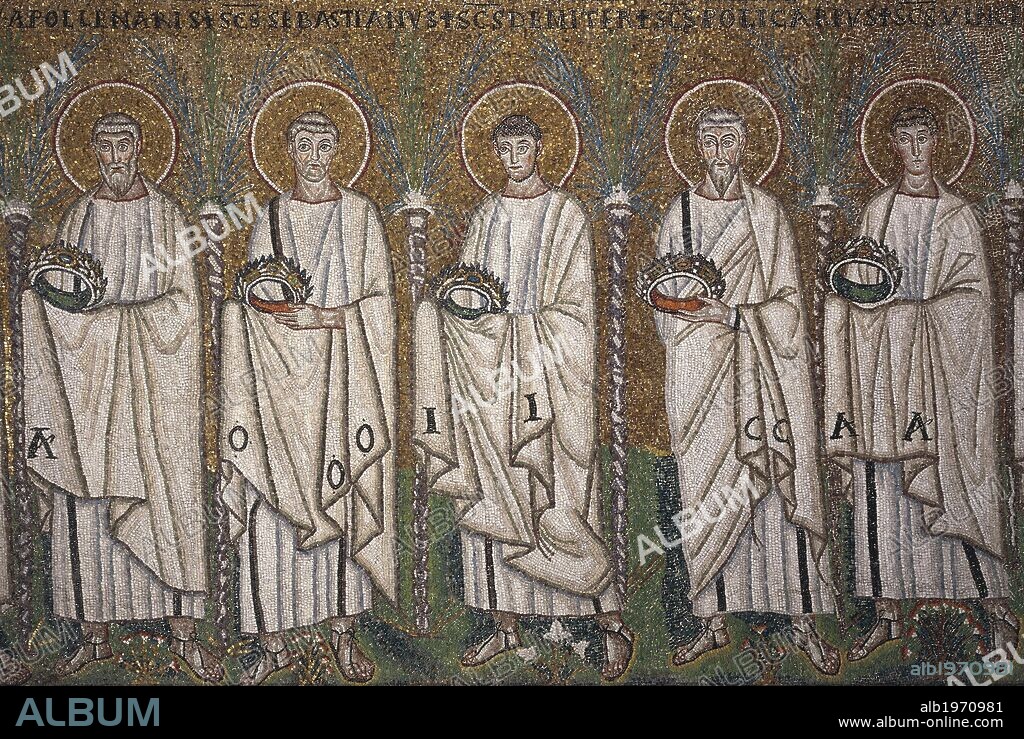 St Apollinaris, St Sebastian, St Demetrius, St Polycarp and St Vincent, detail from the Saints Procession, mosaic, south wall, lower level, Basilica of Sant'Apollinare Nuovo (UNESCO World Heritage List, 1996), Ravenna, Emilia-Romagna. Italy, 6th century.