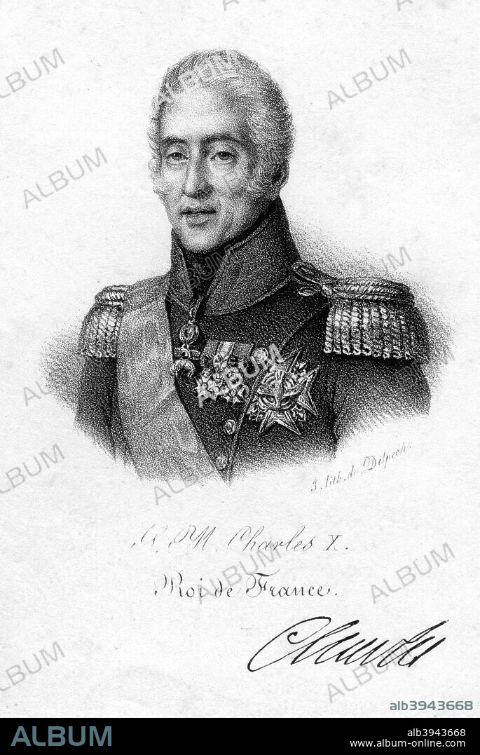 Charles X, King of France, 19th century. The brother of Louis XVI and Louis XVIII, Charles (1757-1836) came to the throne in succession to the latter in 1824. His coronation, at the traditional site of Reims, was a grandiose affair comparable in scale (and cost) to that of George IV of England in 1821. In style his rule harked back to the pre-revolutionary Ancien Regime, making him unpopular with the liberal elements of French society. In 1830 he elected to abdicate rather than rule as a constitutional monarch.