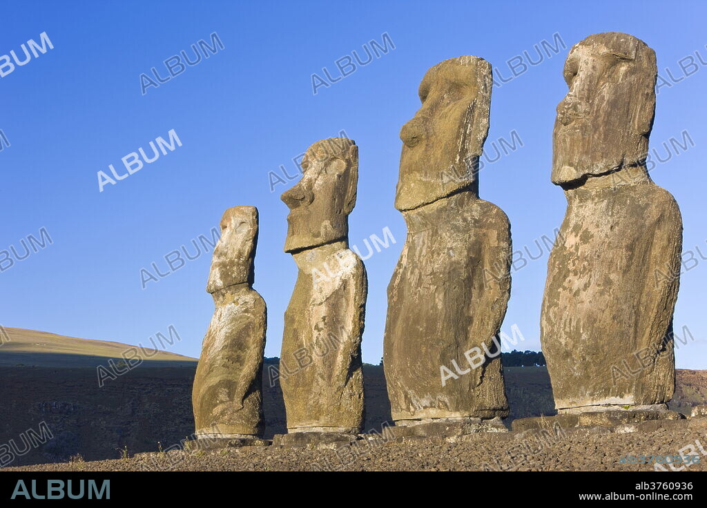 Ahu Tongariki, the largest ahu on the Island, Tongariki is a row of 15 giant stone Moai statues, Rapa Nui (Easter Island), UNESCO World Heritage Site, Chile, South America.
