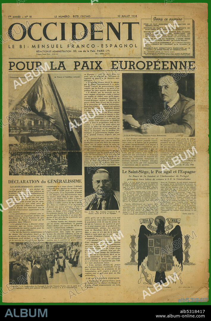 Guerra civil española (1936-1939). Portada del periódico nacional franco-español Occident, editado en París, julio de 1938.