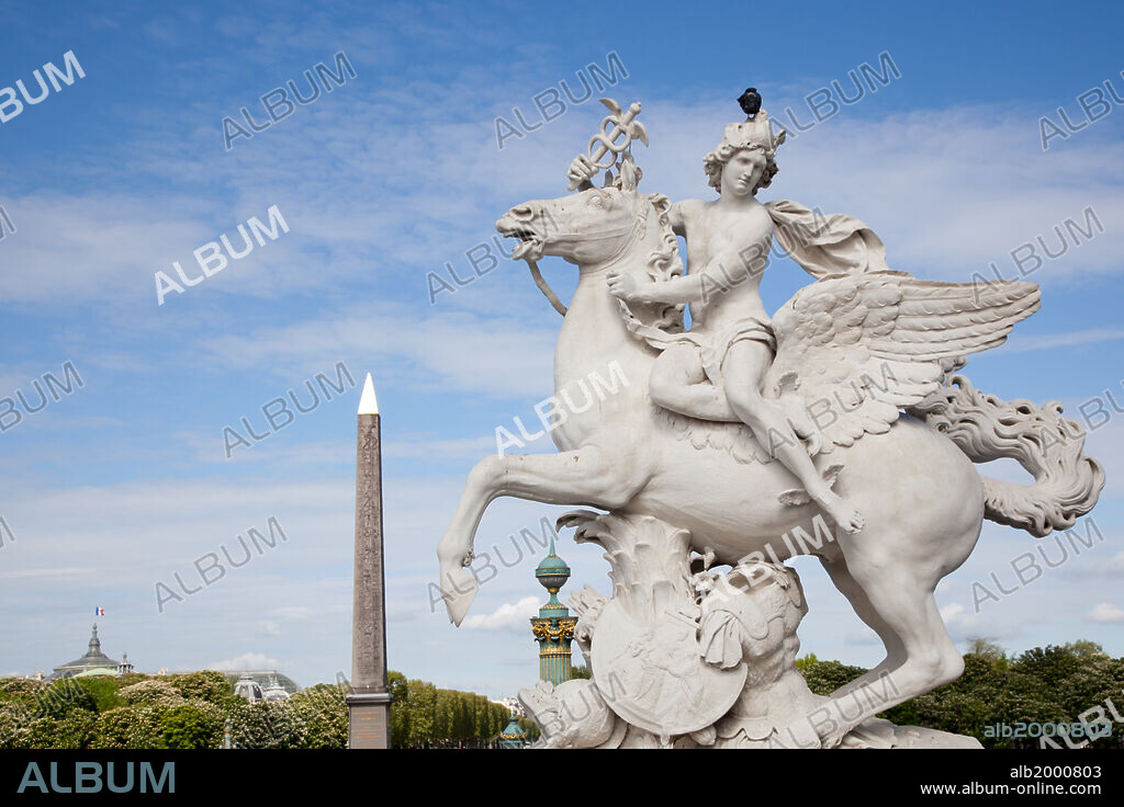 France, Paris, Tuileries Garden, Statue of Hermes (Mercury) with Pegasus. The Statue was built by Antoine Coysevox. It was originally located at Marly and moved to the Tuileries in 1719. In 1986 the original of marble was moved to the Louvre and replaced by a copy.