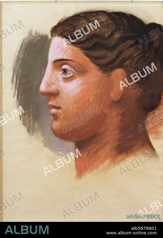 PABLO PICASSO. Picasso, Pablo. 1881-1973. "Etude pour Trois femmes a la fontaine. Tete de femme de droit" (Studiy for Three Women at the Fountain. Head of women on right). Fontainebleau, summer 1921. Pastels on dark beige paper, 62.6 × 47cm. Paris, Musée Picasso.