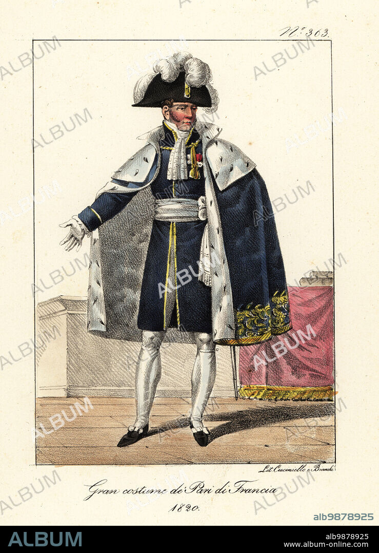Member of the Chamber of Peers of France in full ceremonial robes, Bourbon Restoration, 1820. In bicorne with plumes, ermine-lined cape, blue coat, breeches, sash and court sword. Grand Costume des Pairs de France. Handcoloured lithograph by Lorenzo Bianchi and Domenico Cuciniello after Hippolyte Lecomte from Costumi civili e militari della monarchia francese dal 1200 al 1820, Naples, 1825. Italian edition of Lecomtes Civilian and military costumes of the French monarchy from 1200 to 1820.
