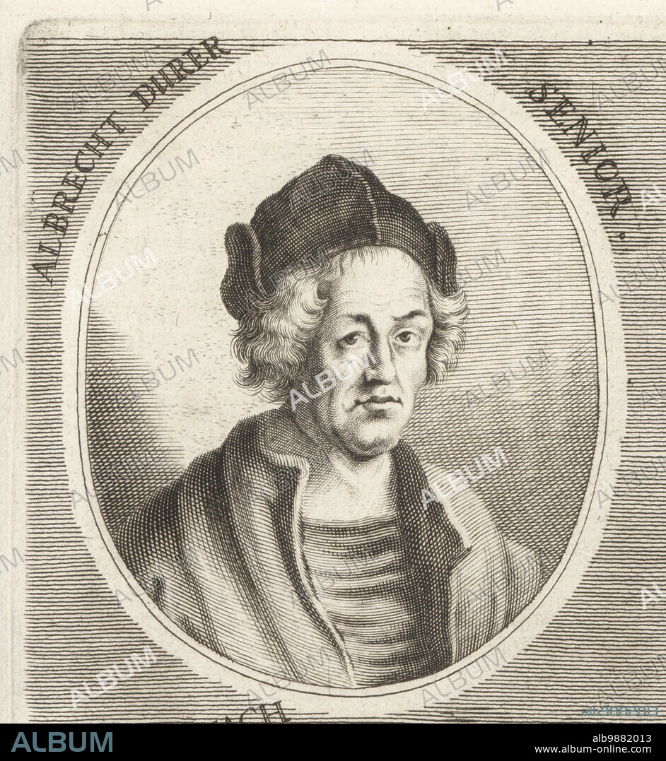 Albrecht Durer the Elder, Hungarian goldsmith, 1427-1502. After a portrait by his son, German painter and printmaker Albrecht Durer. Originally Albrecht Ajtosi, moved to Nuremberg from Hungary before 1455 and fathered 18 children. Albrecht Durer Senior. Copperplate engraving by Philipp Kilian after an illustration by Joachim von Sandrart from his LAcademia Todesca, della Architectura, Scultura & Pittura, oder Teutsche Academie, der Edlen Bau- Bild- und Mahlerey-Kunste, German Academy of Architecture, Sculpture and Painting, Jacob von Sandrart, Nuremberg, 1675.