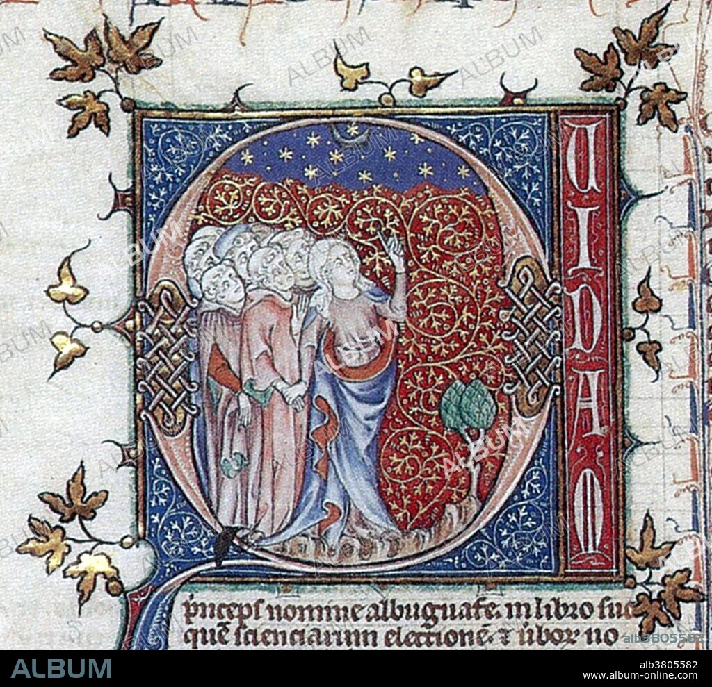 Detail from page of a Latin edition of the Almagest showing students receiving instruction from Astronomy, personified as a woman, who gestures at the stars, with text and decorated borders showing animals using astronomical instruments, 14th century. The Almagest is a 2nd century mathematical and astronomical treatise on the apparent motions of the stars and planetary paths. Written in Greek by Claudius Ptolemy, a Roman era scholar of Egypt, it is one of the most influential scientific texts of all time, with its geocentric model accepted for more than twelve hundred years from its origin in Hellenistic Alexandria, in the medieval Byzantine and Islamic worlds, and in Western Europe through the Middle Ages and early Renaissance until Copernicus.