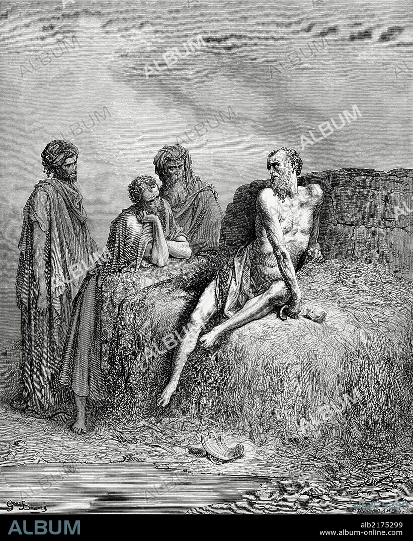 ANTIGUO TESTAMENTO. Santo JOB. Personaje bíblico. "JOB EN UN ESTERCOLERO". Libro de Job, Cap. II, vers del 2 al 7. Dibujo de G. Doré. Grabado de Bertrand.