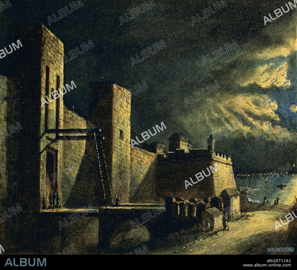 CIUDAD DE BARCELONA. "MURALLAS. ANTIGUA PUERTA DE SANTA MATRONA. DE ELLA SALIA EL CAMINO DE CAN TUNIS". Grabado de la primera mitad del siglo XIX. Dibujo de G. Mosteyrin. Museo de Historia de la Ciudad. Barcelona. Cataluña.