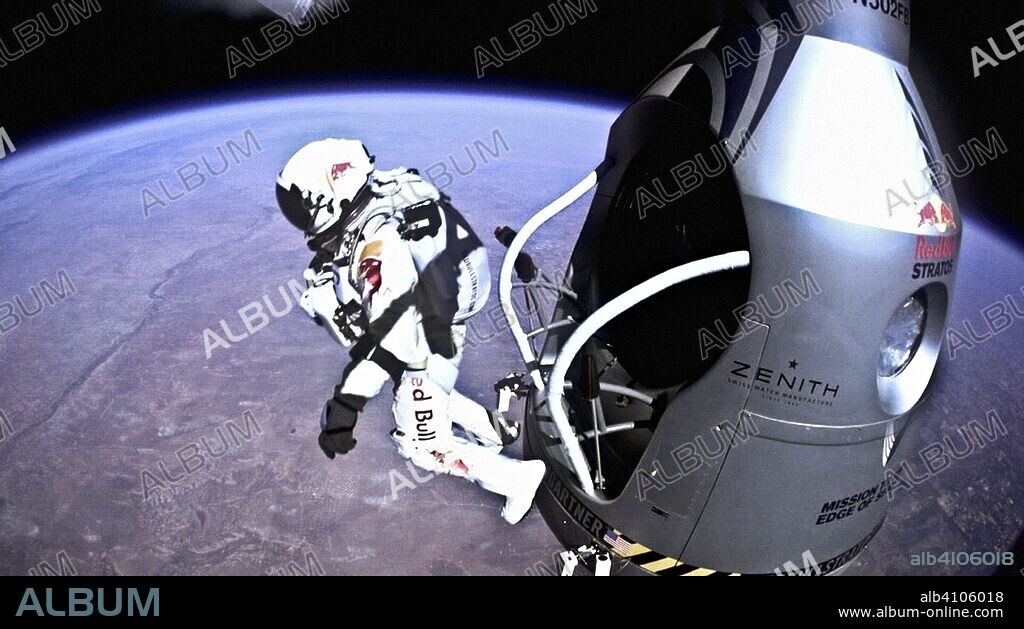 Oct. 14, 2012 - Roswell, New Mexico, U.S. - Pilot FELIX BAUMGARTNER of Austria jumps out from the capsule during the final manned flight for Red Bull Stratos. (Credit Image: © Red Bull Stratos/Red Bull Content Pool/ZUMAPRESS.com). 14/10/2012