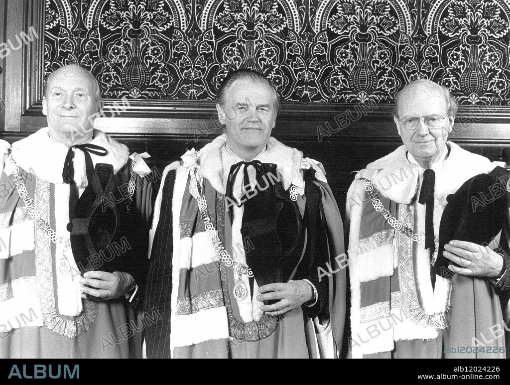 Baron Armstrong of ILminster (centre) flanked by his sponsers, Baron Hunt of Tanworth (left) and Baron Chateris of Amisfield. 15 March 1988.