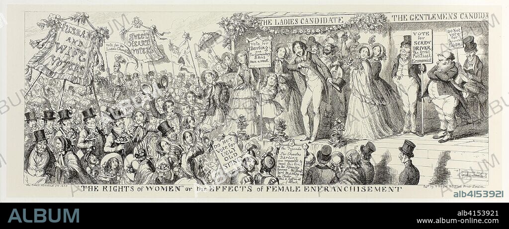 "The Rights of Women" or the Effects of Female Enfranchisement from George Cruikshank's Steel Etchings to The Comic Almanacks: 1835-1853. George Cruikshank (English, 1792-1878); published by Pickering & Chatto (English, 19th century). Date: 1853. Dimensions: 161 × 414 mm (primary support); 253 × 504 mm (secondary support). Steel etching in black on cream India paper, laid down on off-white card (chine collé). Origin: England.