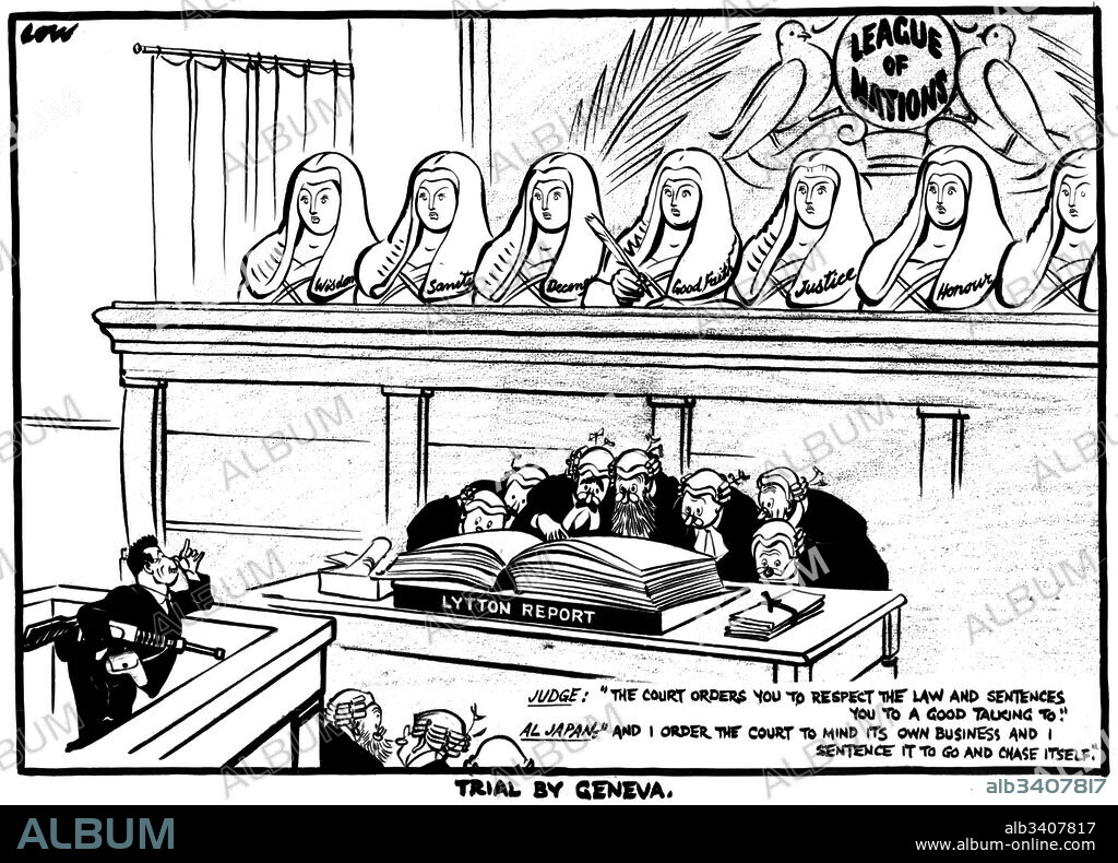 Satirical cartoon titled 'Trial by Geneva' by David Low (1891-1963) a New Zealand political cartoonist and caricaturist who lived in the United Kingdom. Dated 20th Century.
