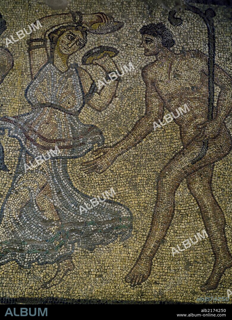 Dionysus and Tiaso in a dance scene, detail of a mosaic from a Roman villa on the Agora, Argos, Greece. Roman Civilisation, 5th century.