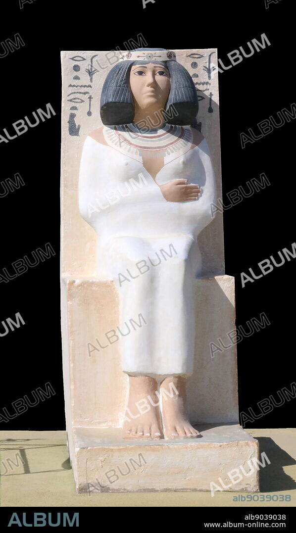 Replica statue of Nofret, a noblewoman and princess who lived in Ancient Egypt during the 4th dynasty of Egypt c. 2613 to 2494 BC. Nefert means "beautiful". Nofret is alternatively known as Nefert or Neferet.