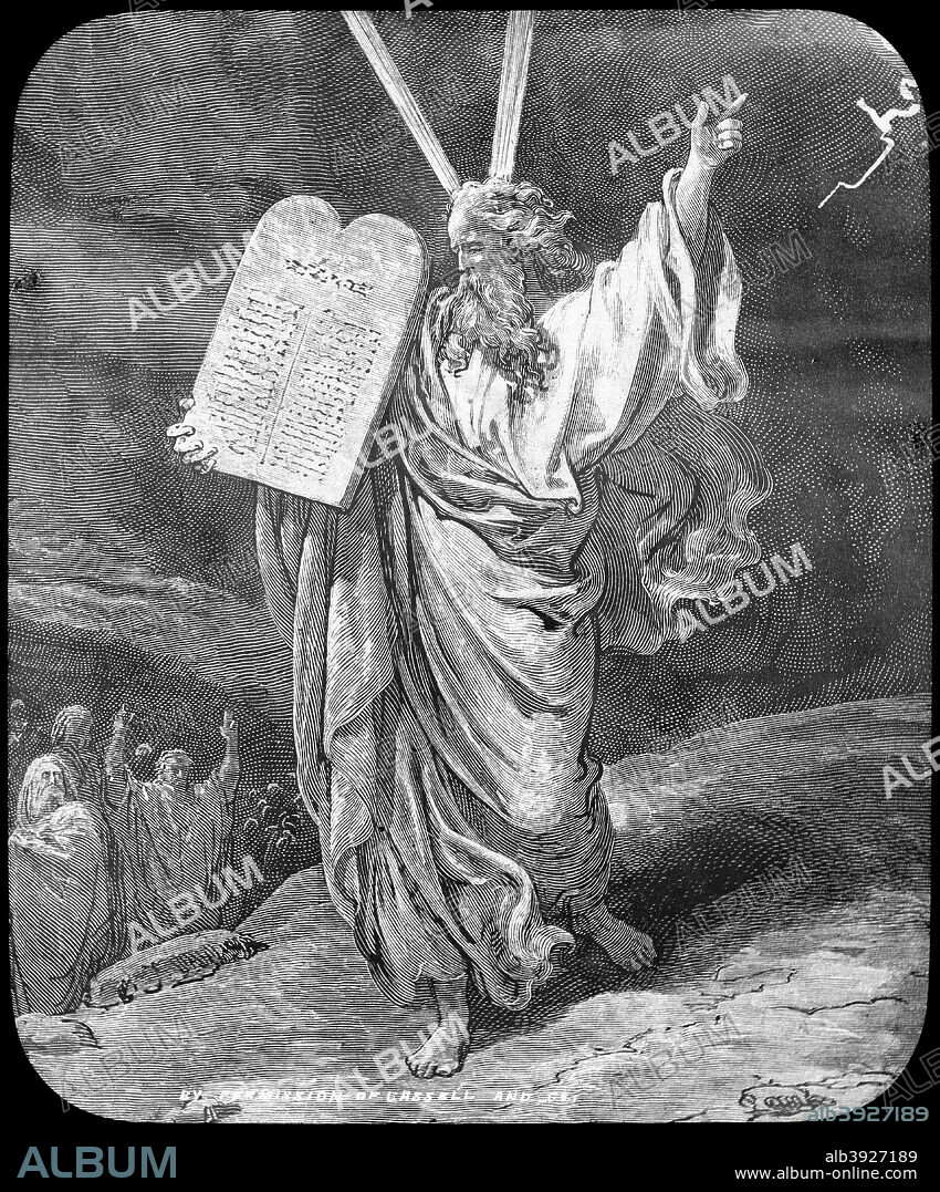 Moses receives the law, late 19th or early 20th century. Moses receiving the Ten Commandments from God on Mount Sinai, as described in Exodus. Lantern slide.