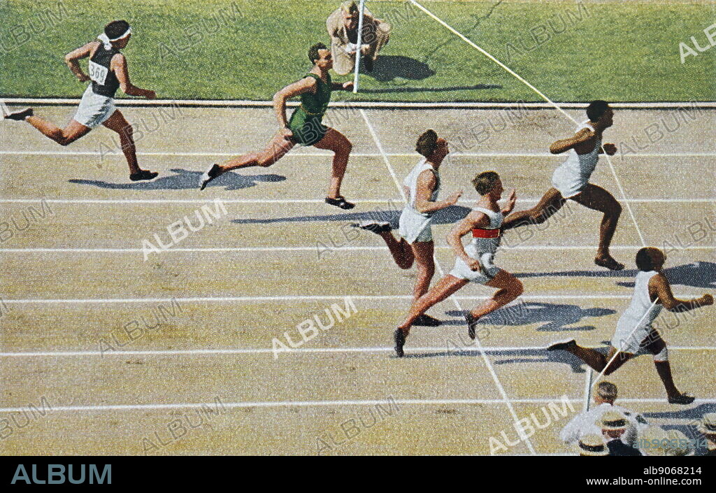 The 100 meters contest at the 1932 Olympics. Eddie Tolan broke the Olympic record in the first heat of the second round with a time of 10.4 seconds. Dated 20th Century.