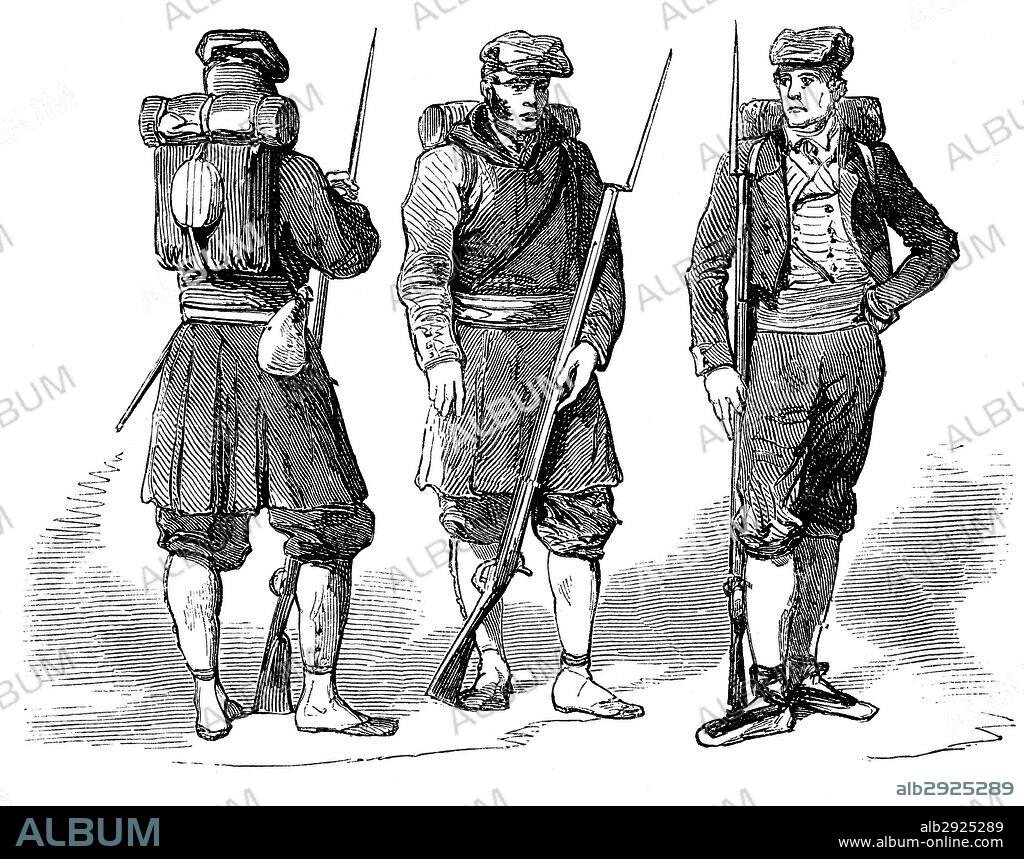 España. Catalunya. Uniformes de los voluntarios catalanes del ejército español en África. Grabado de 1860.