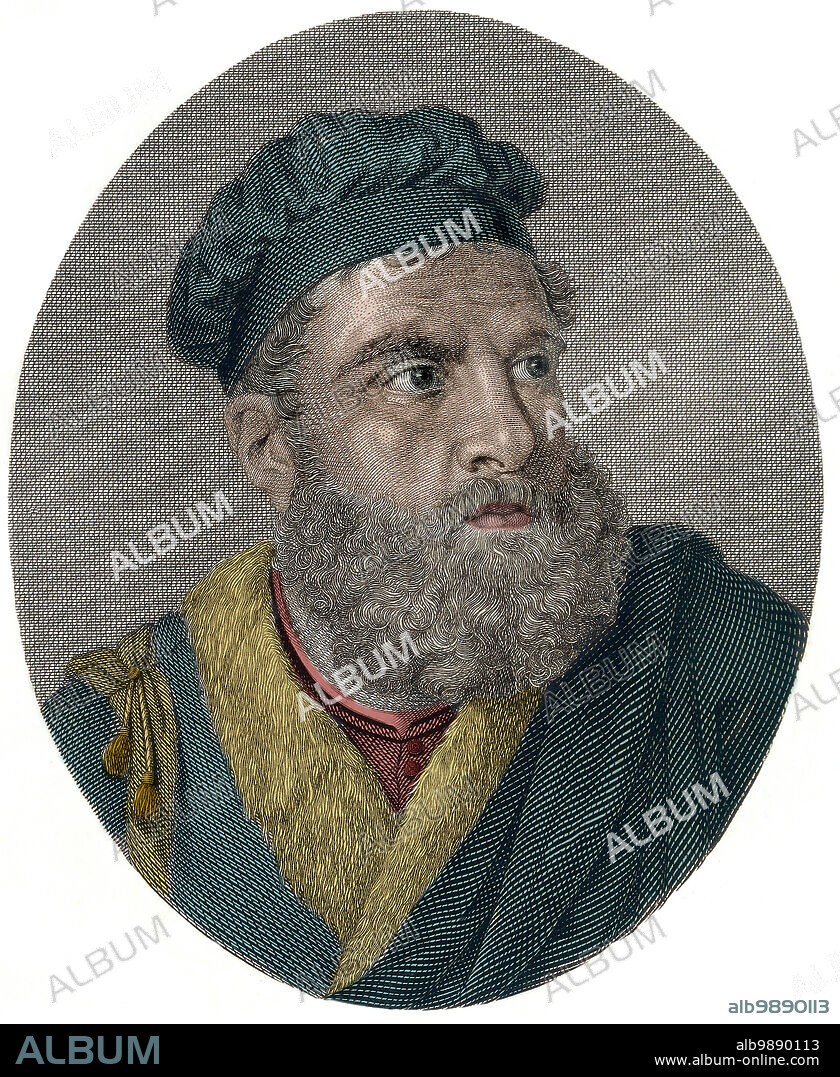 MATTEINI, TEODORO (AFTER). Portrait of Marco Polo (1254-1324), Venetian explorer - 19th century coloring engraving - Marco Polo (1254-1324), Venetian explorer.