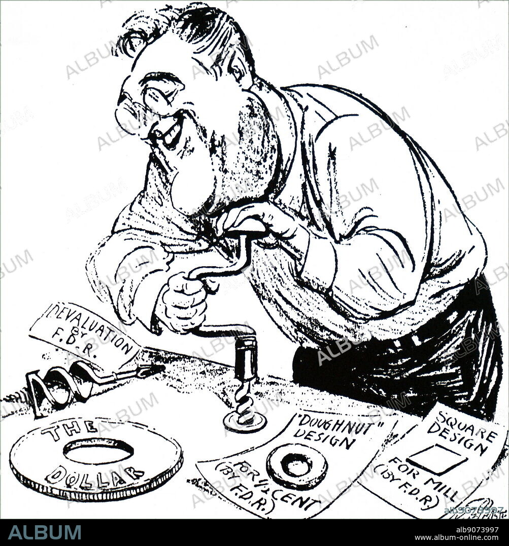 Cartoon depicting Roosevelt tinkering with the United States currency. Franklin D. Roosevelt (1882-1945) an American statesman and political leader who served as the 32nd President of the United States. Dated 20th century.