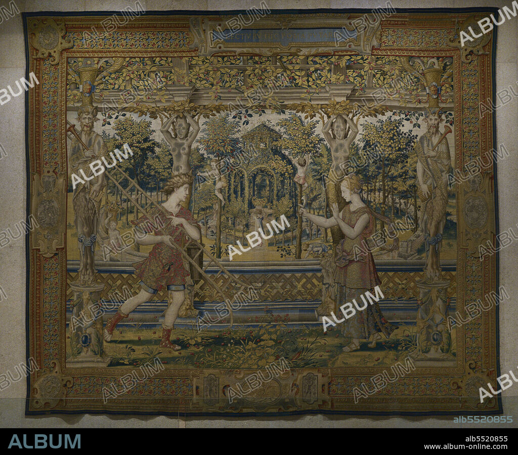 Vertumno y Pomona. Tapiz perteneciente al conjunto "Historia de Vertumno y Pomona", realizado a partir de dibujos atribuidos al artista flamenco Pieter Coecke van Aelst (1502-1550). Flandes, mediados del siglo XVI. Lana, seda e hilo de oro. Museo Calouste Gulbenkian. Lisboa. Portugal.