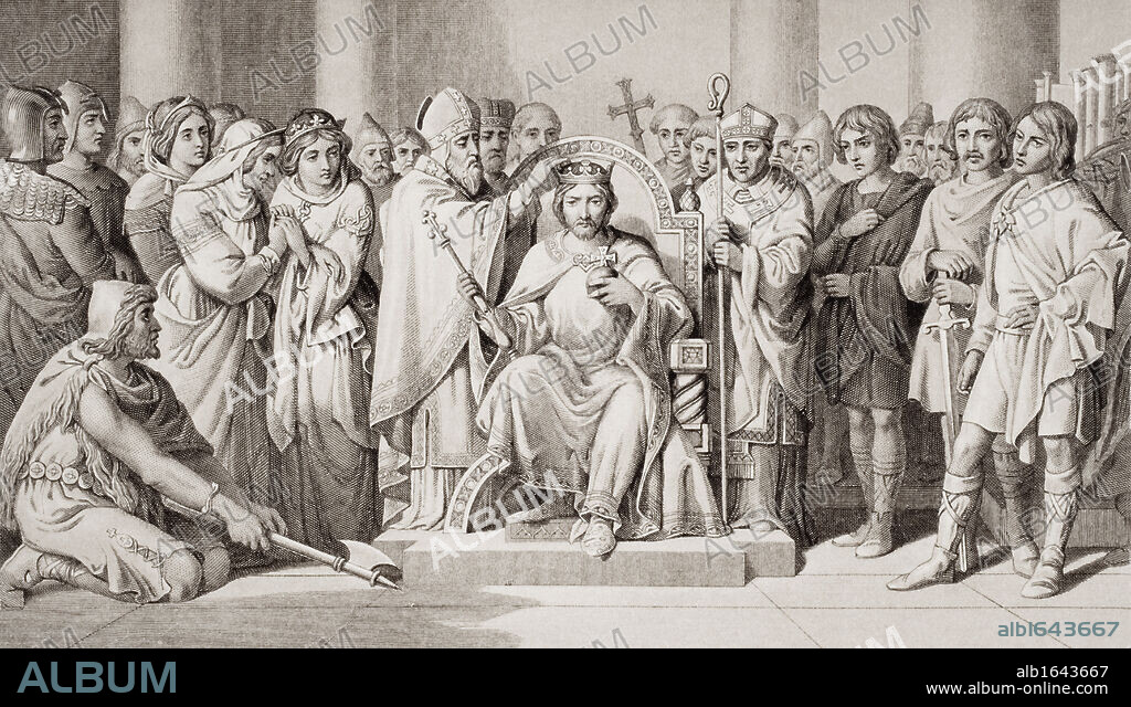 Coronation of Harold King of the Anglo-Saxons. A.D. 1066. Harold II King of England c. 1020-1066. Engraved by W. Ridgeway after D. Maclise. From the book 'Illustrations of English and Scottish History' Volume 1.