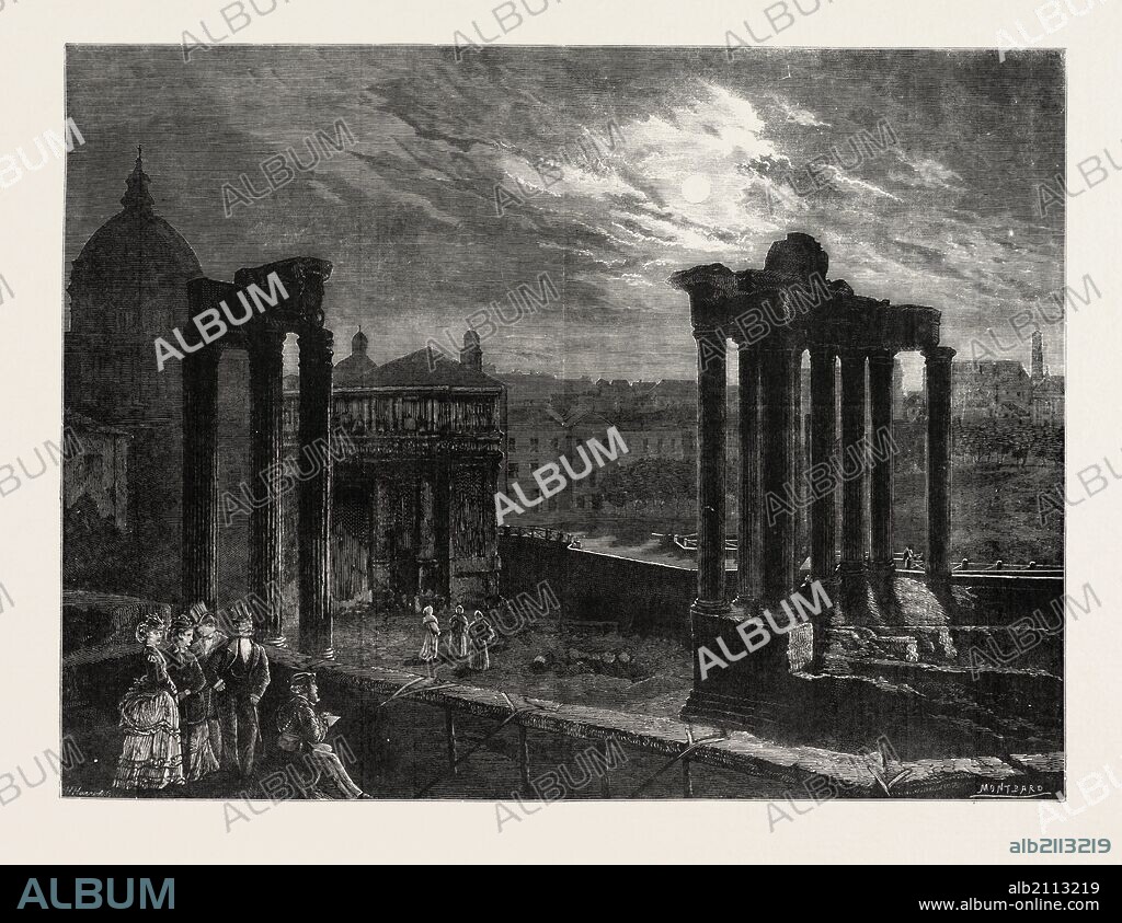 THE ROMAN FORUM BY MOONLIGHT, ITALY, 1873 engraving.
