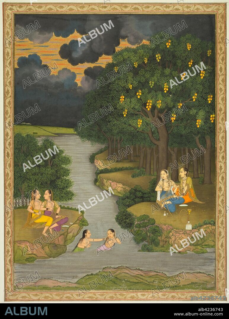 Women enjoying the river at the forest’s edge, c. 1765. Style of Hunhar II (Indian, active mid-1700s). Opaque watercolor with gold on paper, narrow border of gold foliate meander (recto and verso); page: 33.1 x 24.9 cm (13 1/16 x 9 13/16 in.).