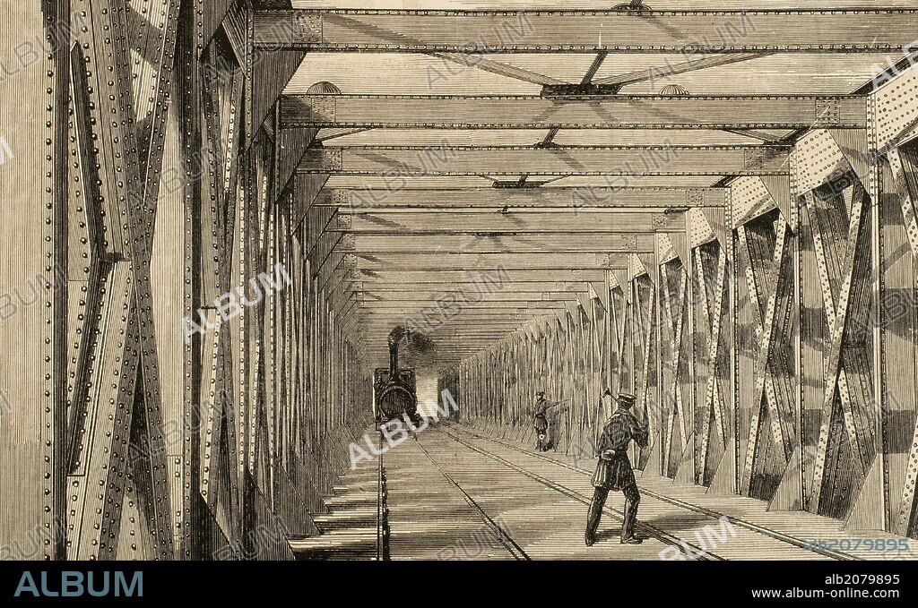 ECONOMIA SIGLO XIX. EUROPA. "CONSTRUCCION DEL FERROCARRIL. PASO DE LA VIA FERREA POR UN PUENTE DE HIERRO". Grabado de L'Illustration, año 1860.