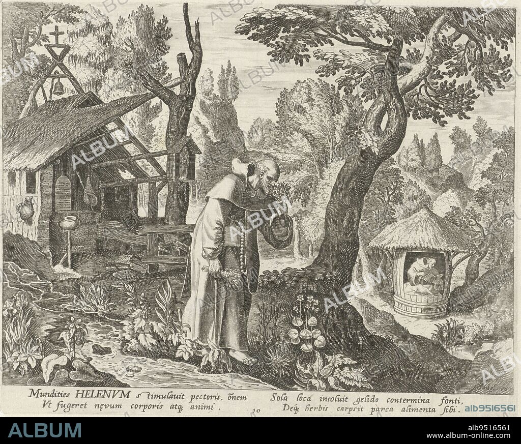 Saint Helen of Troyes in front of his hut in the wilderness. He is picking herbs from his garden. In the background another hermit in a hut., Helenus of Troyes as a hermit Male hermits (series title) Solitudo Sive Vitae Patrum Eremicolarum (series title), print maker: Johann Sadeler (I), print maker: Raphaël Sadeler (I), intermediary draughtsman: Maerten de Vos, Antwerp, 1585 - 1588, paper, engraving, h 170 mm × w 214 mm.