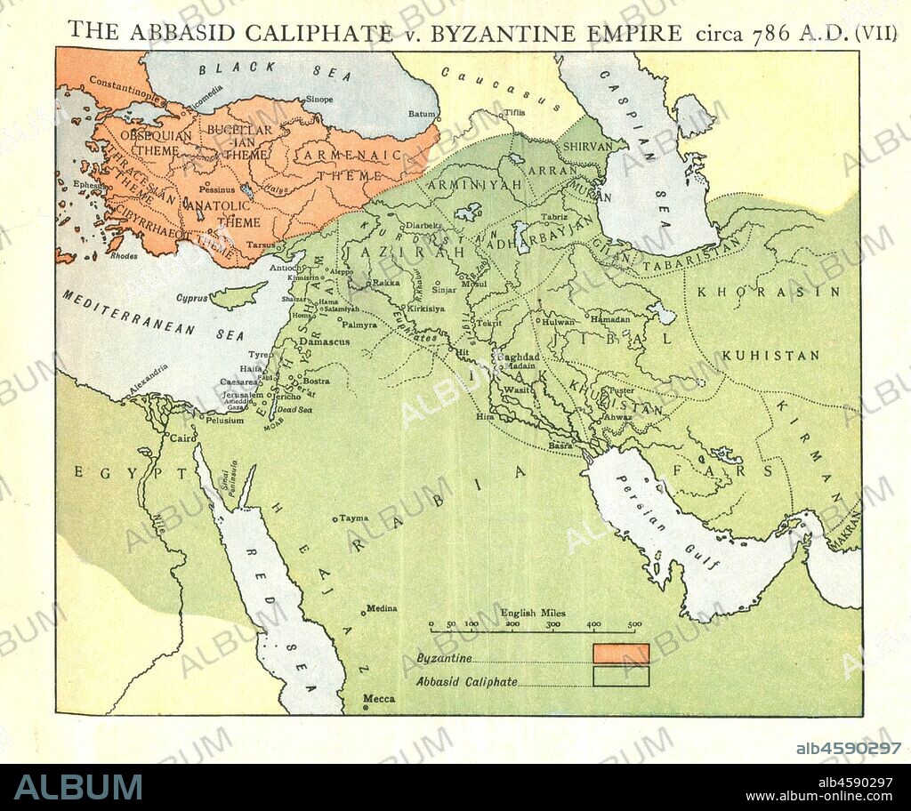 EMERY WALKER LTD. 'The Abbasid Caliphate v. Byzantine Empire, circa 786 A.D.', c1915. Map of civilisations in the Middle East during the 8th century, and also showing the eastern Mediterranean, Red Sea, Caspian Sea, Black Sea and Persian Gulf. From "The Caliphs' Last Heritage, a short history of the Turkish Empire" by Lt.-Col. Sir Mark Sykes. [Macmillan & Co, London, 1915].