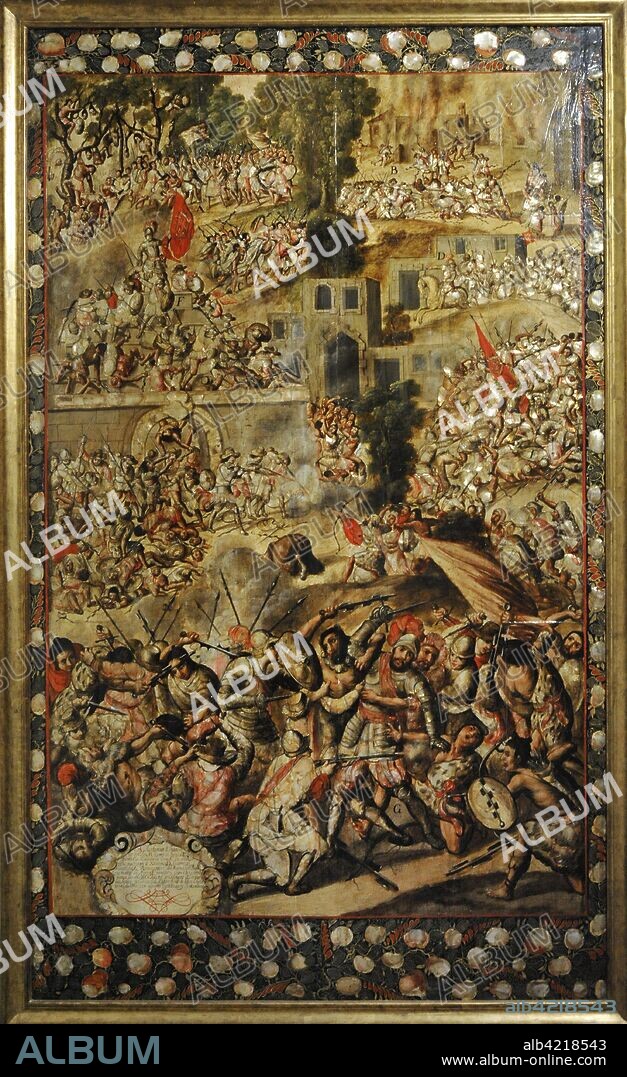 Título: Conquista de México. Autor: Anónimo. Tabla. Pintura al óleo, nácar. Técnica: Enconchado. Forma parte de 6 tablas. Destaca la escena inferior en que los indios hacen prisionero a Cortés, que es rescatado por Cristóbal de Olea junto a otros españoles y Tlaxcaltecas. 1766-1700. Escuela Mexicana. Virreinato de la Nueva España. México. América del Norte. Museo de América. Madrid. España.