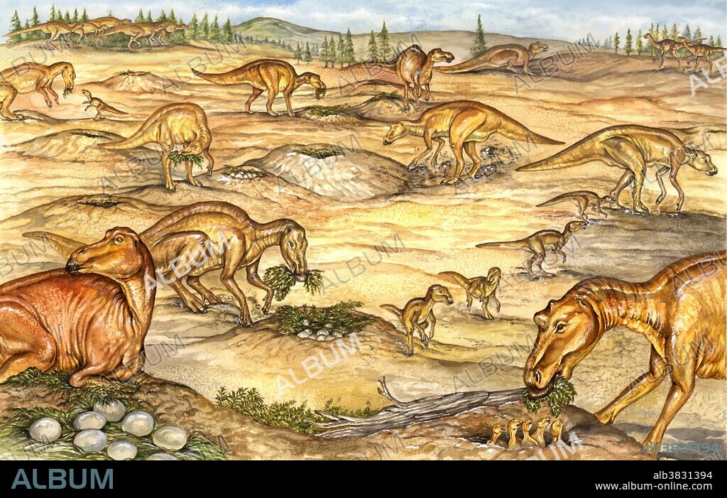 Scene of a nesting colony of the Maiasaurus (good-mother reptile) during the Late Cretaceous, showing nesting and nurturing behaviors.