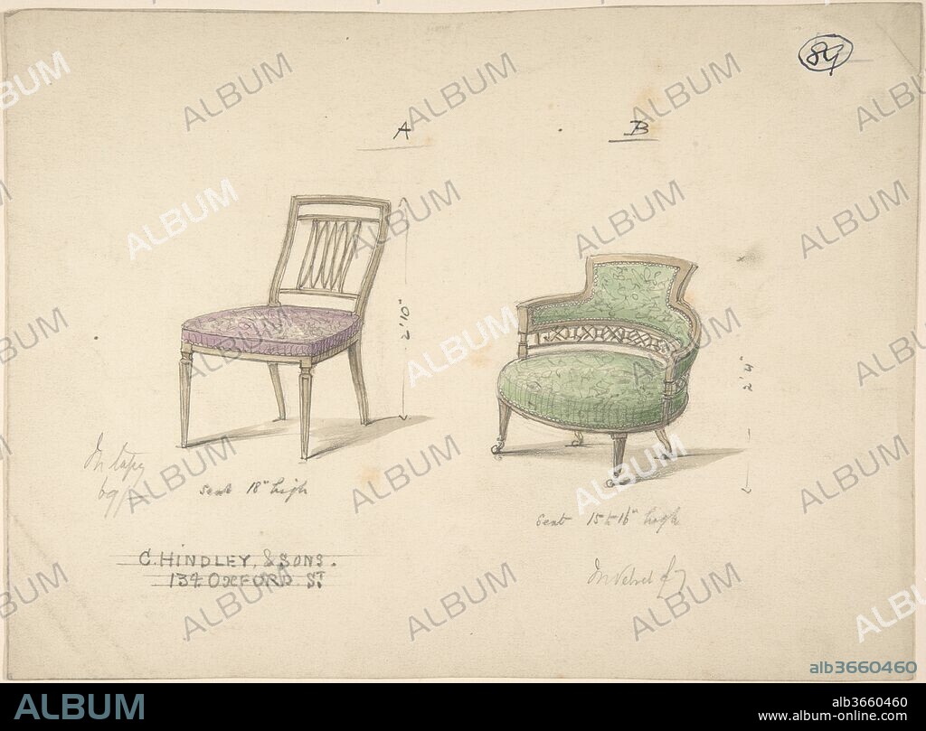 Designs for Two Chairs. Artist: Charles Hindley and Sons (British, London 1841-1917 London). Dimensions: sheet: 7 15/16 x 10 11/16 in. (20.1 x 27.1 cm). Date: 1841-84.