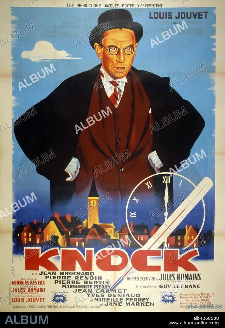 French film poster for 'Dr. Knock' (original title Knock) a French comedy film, from 1951, directed by Guy Lefranc, written by Georges Neveux, and starring by Louis Jouvet. It also features an unaccredited appearance by Louis de Funes. The movie is based on the 1923 theatre play Knock ou le Triomphe de la medicine (Knock or The Triumph of Medicine) by Jules Romains.