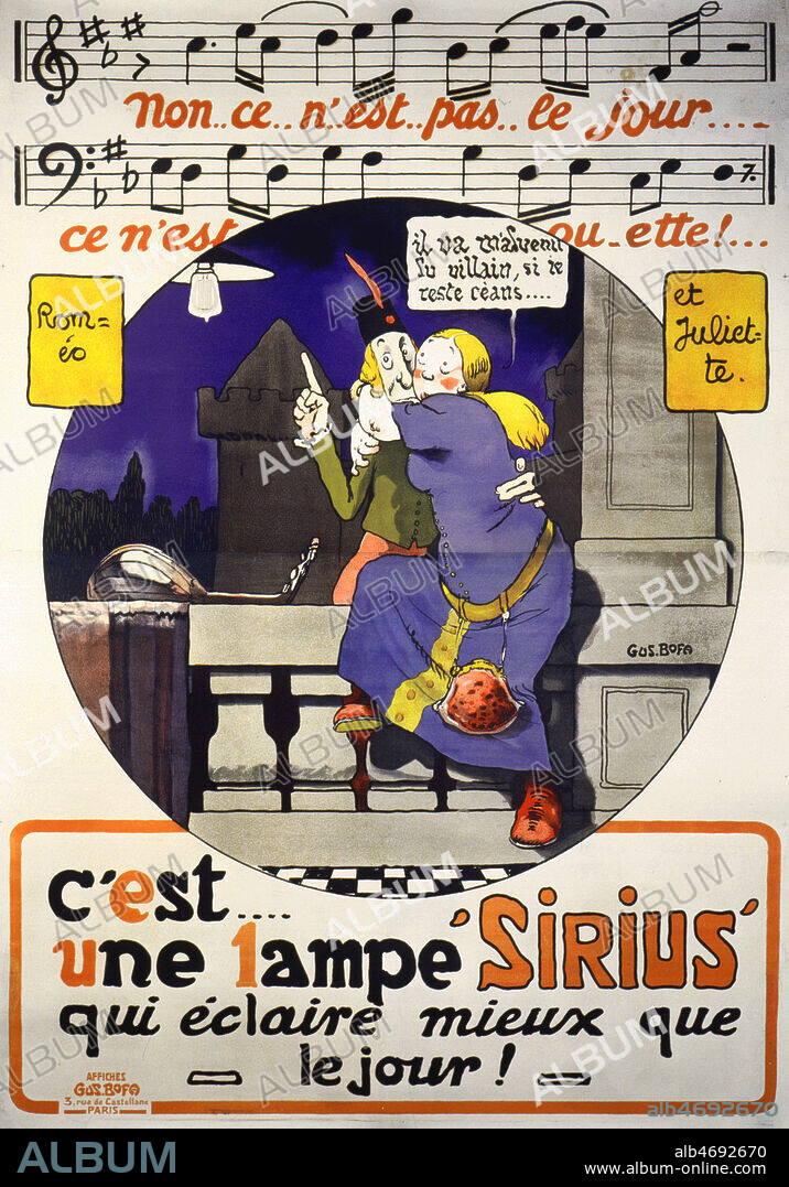 'C'est une lampe Sirius qui eclaire mieux que le jour !'. Affiche publicitaire pour les lampes Sirius. Illustration de BOFA (1885-1968)(ADAGP) representant Romeo et Juliette. Credit : Coll. Perrin/KHARBINE-TAPABOR.