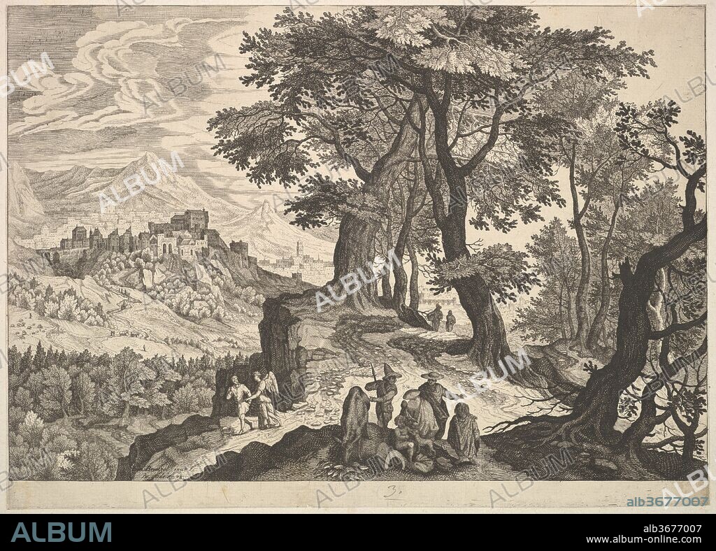 Landscape with Tobias and the Angel and Gypsies. Artist: After Jan Brueghel the Elder (Netherlandish, Brussels 1568-1625 Antwerp); Aegidius Sadeler II (Netherlandish, Antwerp 1568-1629 Prague). Dimensions: Sheet: 8 11/16 x 12 1/16 in. (22 x 30.7 cm). Publisher: Justus Sadeler (Netherlandish, Antwerp ca. 1572/83-ca. 1620 Leiden).