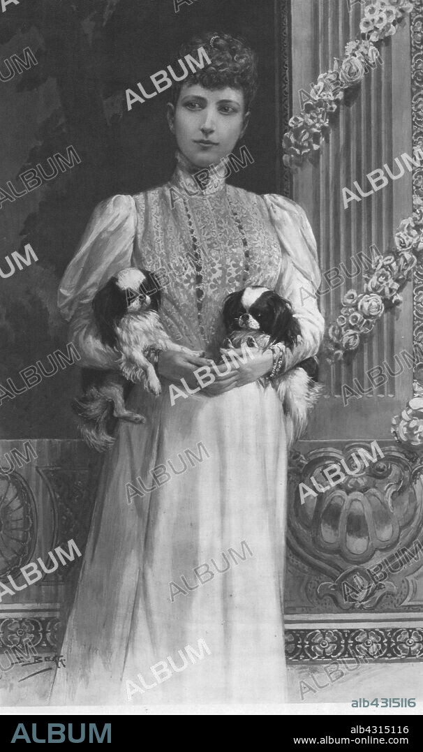 'Queen Alexandra', 1901. Portrait of Alexandra of Denmark (1844-1925) with two of her pet dogs. Her husband Edward Albert (1841-1910) became King Edward VII of the United Kingdom and Alexandra became Queen consort on the death of Queen Victoria on 22 January 1901.From "The Illustrated London News Record of the Glorious Reign of Queen Victoria 1837-1901: The Life and Accession of King Edward VII. and the Life of Queen Alexandra". [London, 1901].