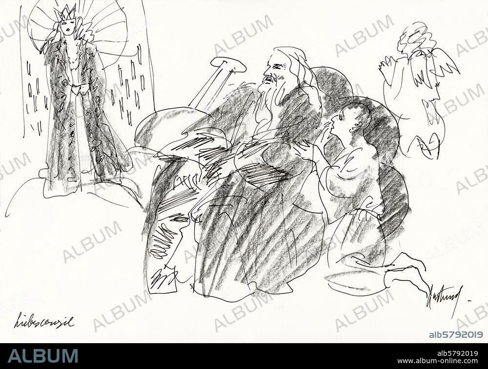 Panizza, Oskar; Schriftsteller, 1853-1921. Werke: Das Liebeskonzil (1894). Aufführung Berlin, Schiller-Theater, 1988 (Insz.: Franz Marijnen): Szenenbild mit Maria (Angelika Thomas), Gottvater (Thomas Schendel) und einem Eunuchen. / Zeichnung, 1988; von Gerd Hartung. (1913-2003). Filz- und Bleistift auf Papier 21 × 29,7 cm. Privatsammlung.