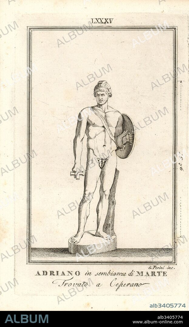 Statue of the Roman Emperor Hadrian as the Roman god of war Mars with shield and sword. Found in Ceperano. Copperplate engraving by Gio. Petrini from Pietro Paolo Montagnani-Mirabili's Il Museo Capitolino (The Capitoline Museum), Rome, 1820.