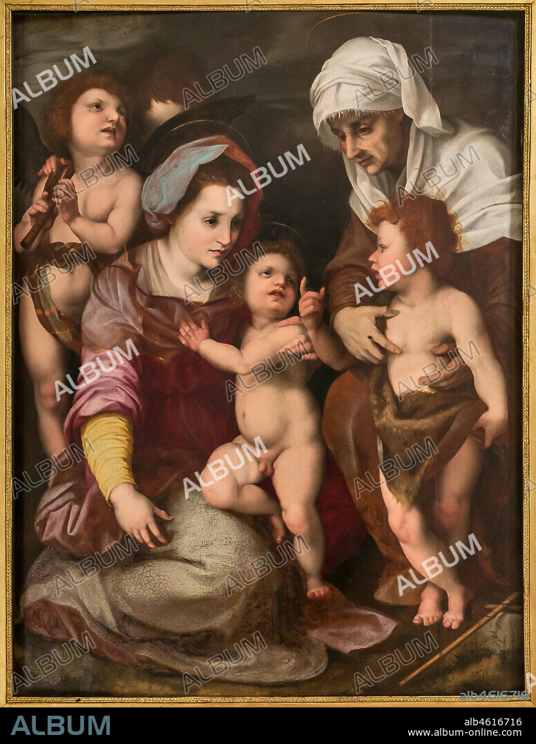 Modena, Galleria Estense: ""Madonna with Infant Jesus, St. Elisabeth, Infant St. John and two angels", by anonymous artist, first half of the XVI century, copy from Andrea Del Sarto. Oil Panel Painting.